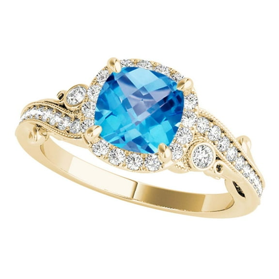 1.50 Carats Cushion Cut Blue Topaz And Diamond Ring In 10K Solid Yellow Gold