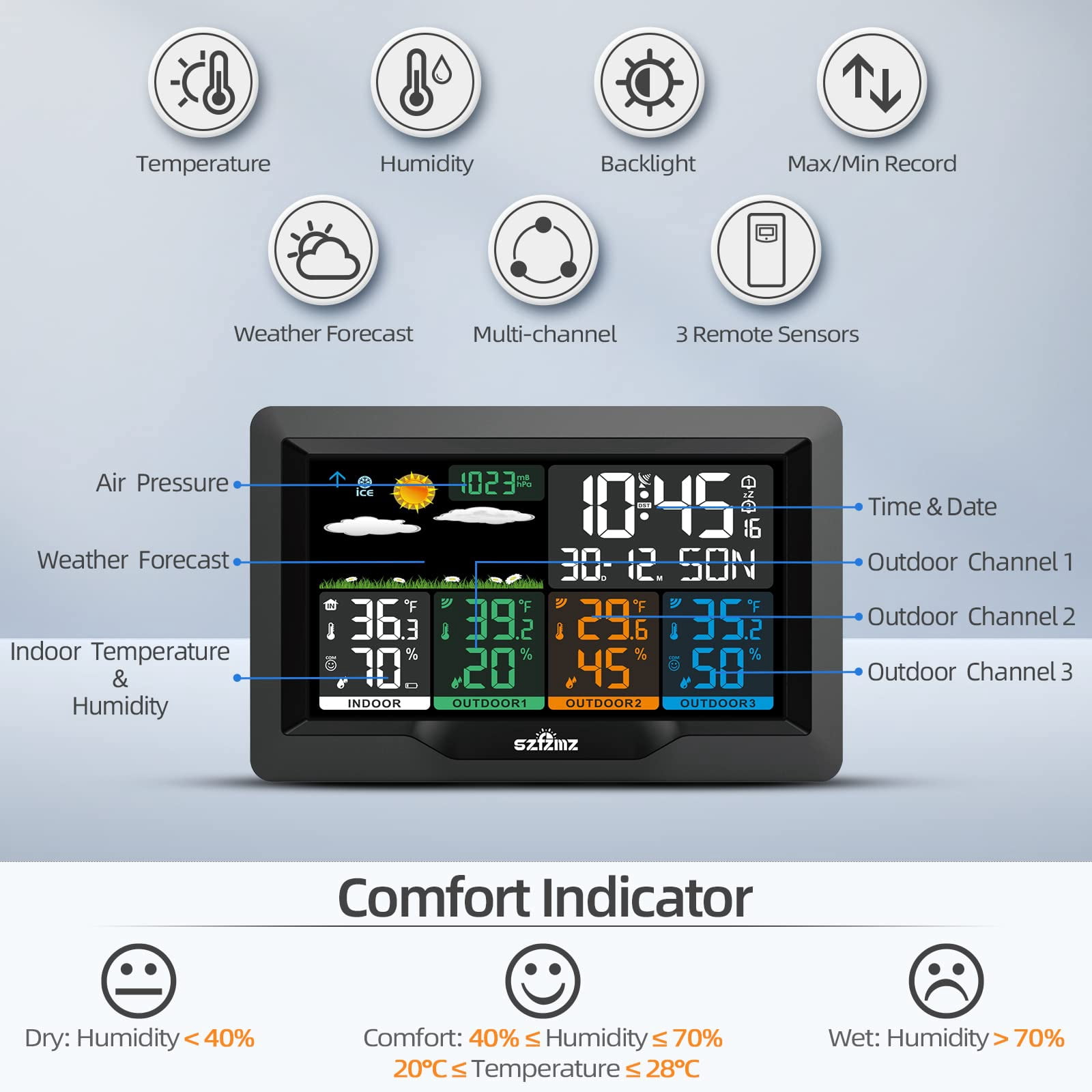 Weather Stations Wireless Indoor Outdoor With 3 Sensors, Color Display Weather Station Indoor Outdoor Thermometer Wireless Weather Forecast Station, Digital Atomic Clock With Backlight