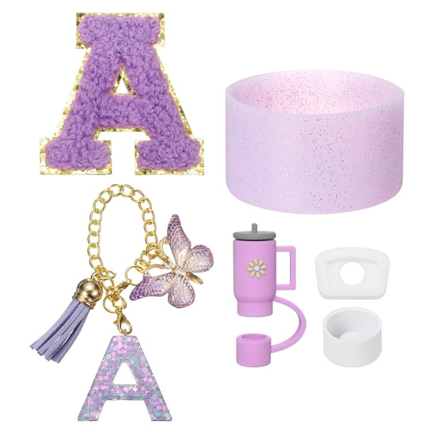 Juego de accesorios para taza Uxcell para vaso con asa, que incluye cubierta de silicona para popote, bota, tapón a prueba de derrames, encanto de asa, etiqueta de iniciales letra A