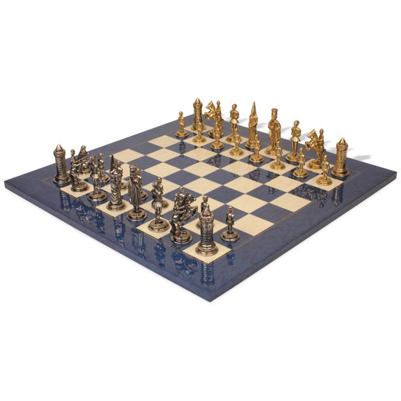 Camelot Theme Metal Chess Set Blue Ash Burl Chess Board