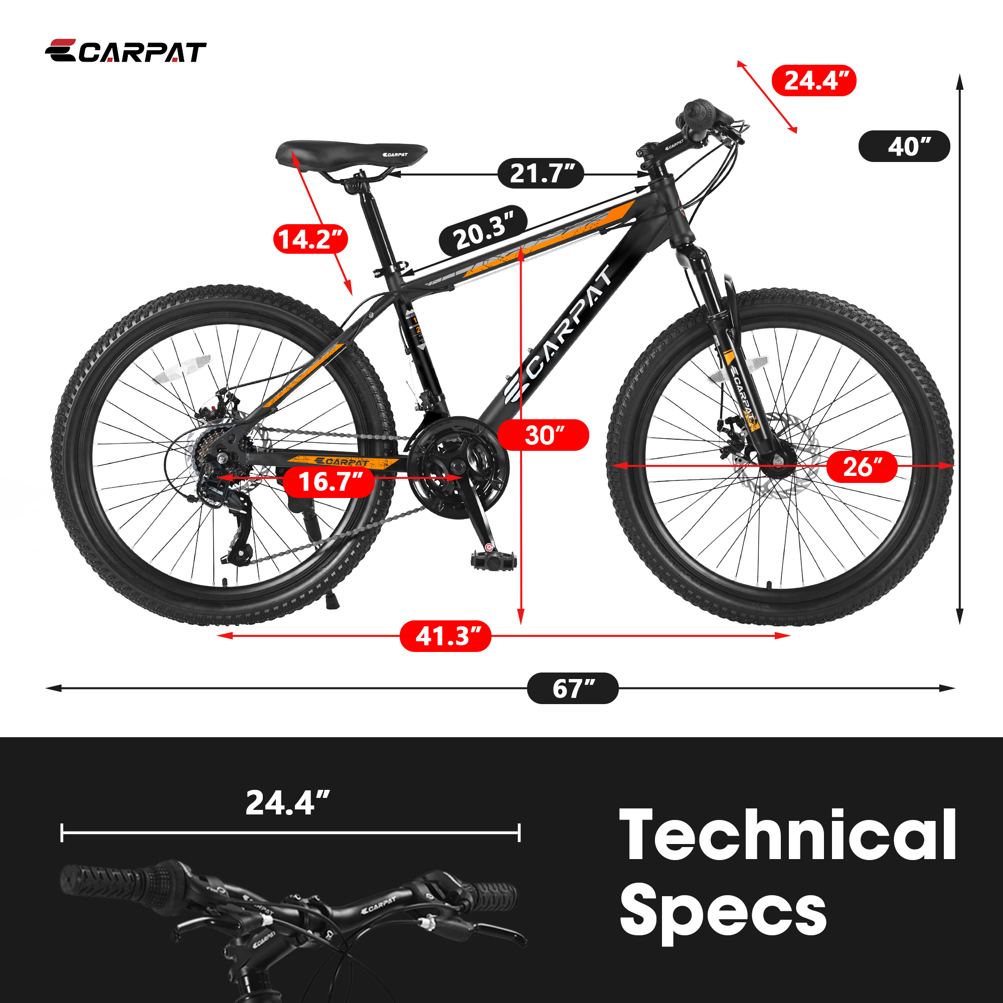 26-Inch Mountain Bicycle for Adults & Teens, Shimano 21-Speed with Disc Brakes, Orange
