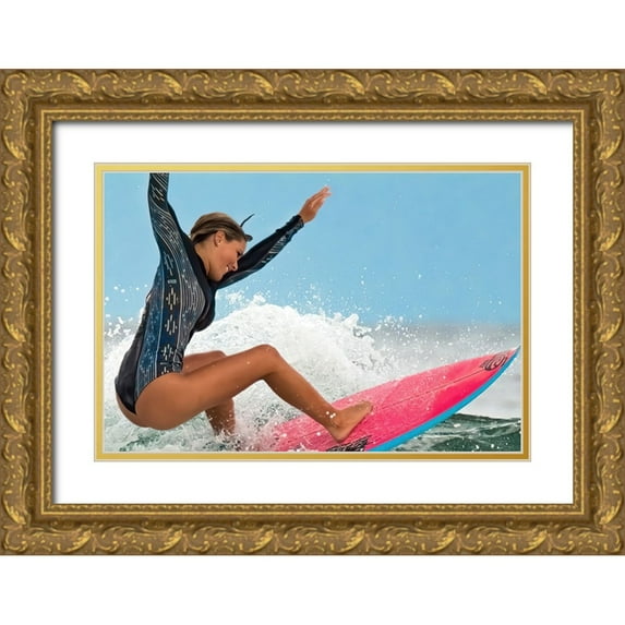 ranfuchs 24x17 Gold Ornate Wood Framed with Double Matting Museum Art Print Titled - Happy Surfing 1