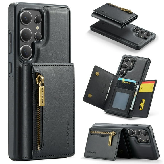 Dteck 2 in 1 Detachable Wallet Case for Samsung Galaxy S25 Ultra Magnetic Leather Zipper Wallet with Card Holder RFID Blocking Case Shockproof Kickstand Cover,Black