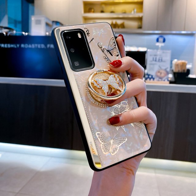 Funda de teléfono de mariposa de lujo para Samsung Galaxy S23 Ultra S22 Plus S21 FE S20 A53 5G A54 A13 4G A14 A52s A42 Note 20 Ultra, funda con soporte de anillo para mujer qiuyongming unisex