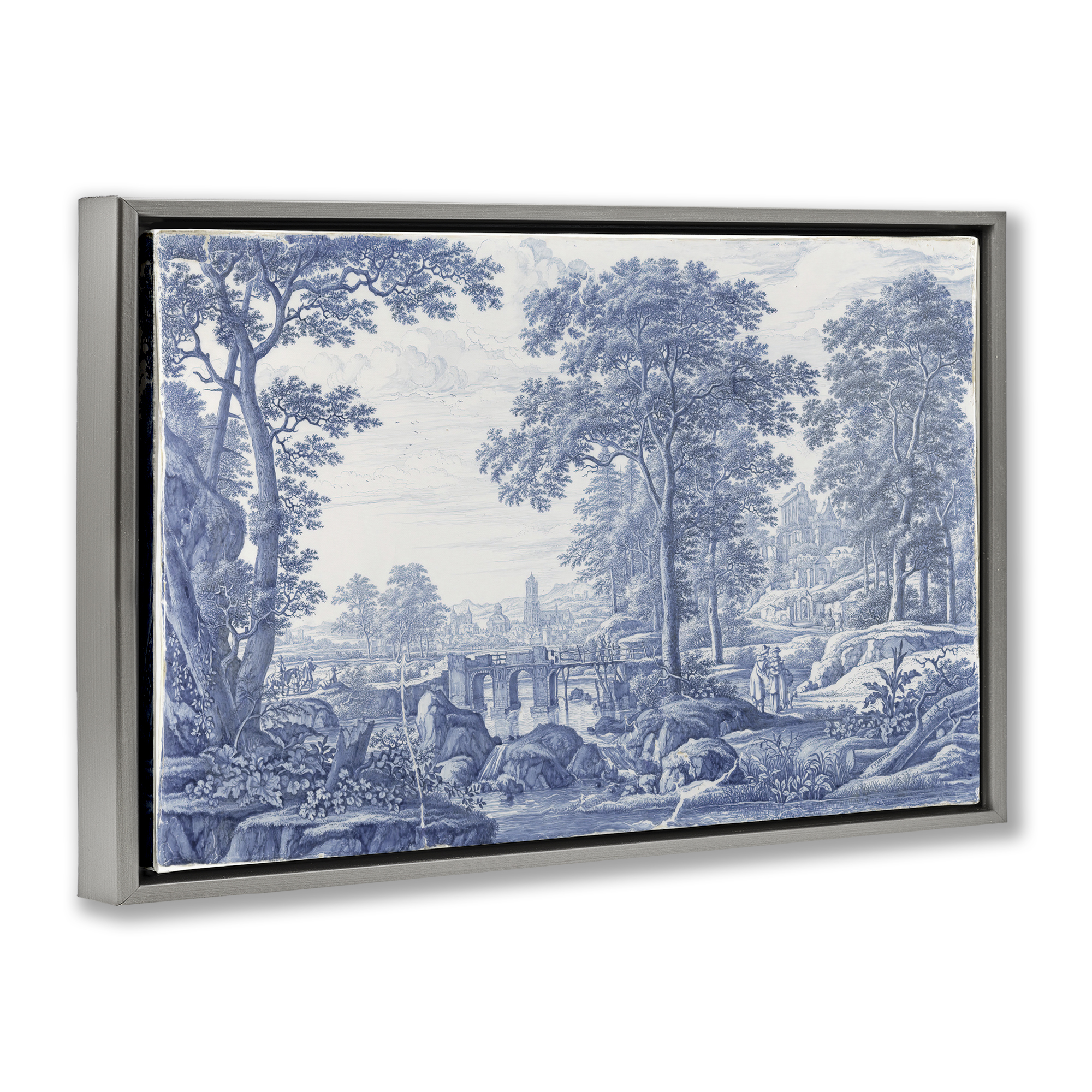 Vintage Blue Tinted Toile Gray Framed Floater Canvas Wall Art, design by Vintage Hustle