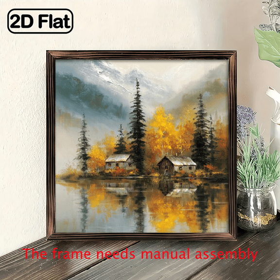 1pc, Rustic Autumn Lake House Landscape Frame Wooden Sign Wall Art, Wall Hanging, Rustic Style Wall Decor for Living Room, Bedroom, Farmhouse, Office, Home Decor, Decorative Sign, 8x8 Inch