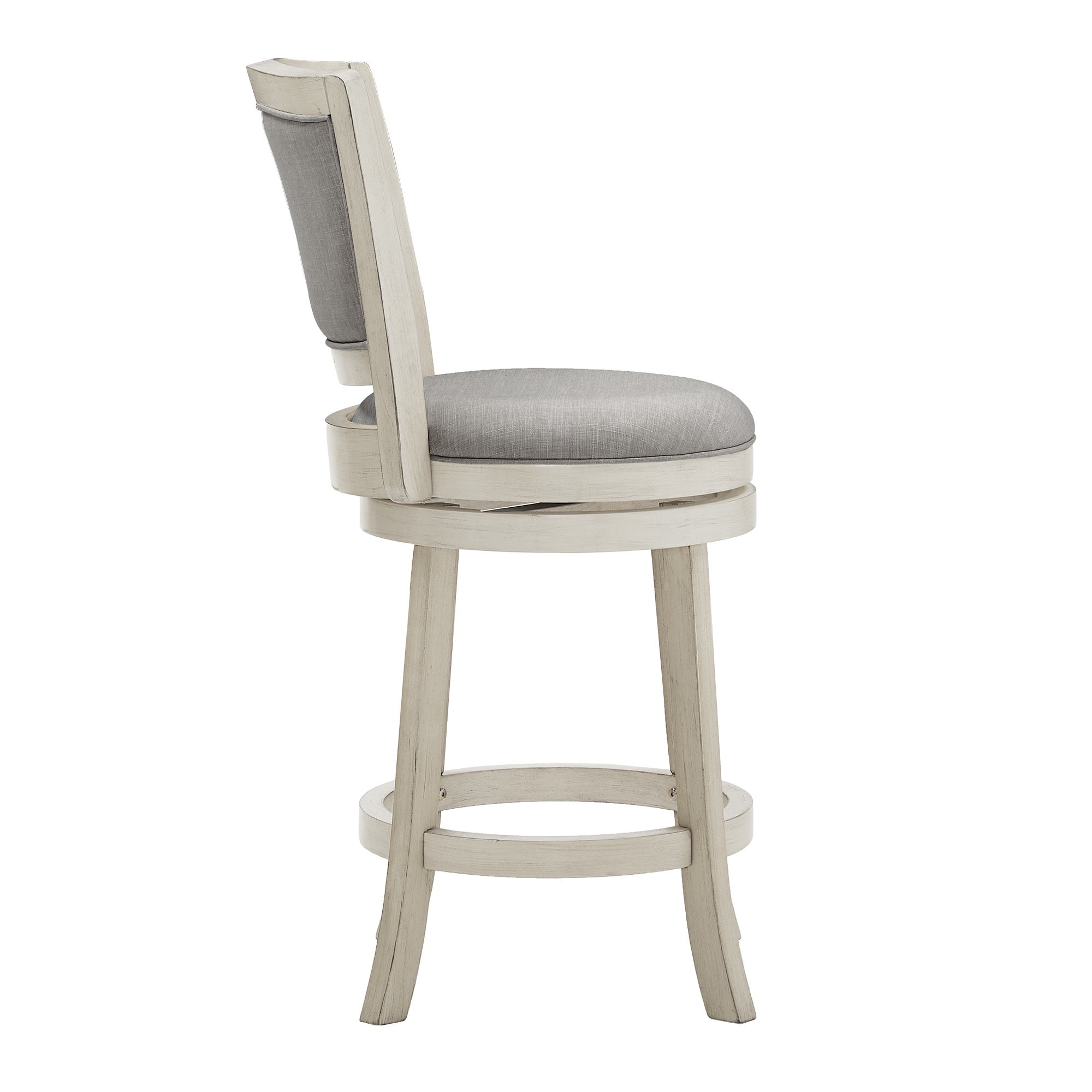 Weston Home Haas Upholstered Back Swivel Stool, 24" Counter Height, Antique White Finish, Gray Linen
