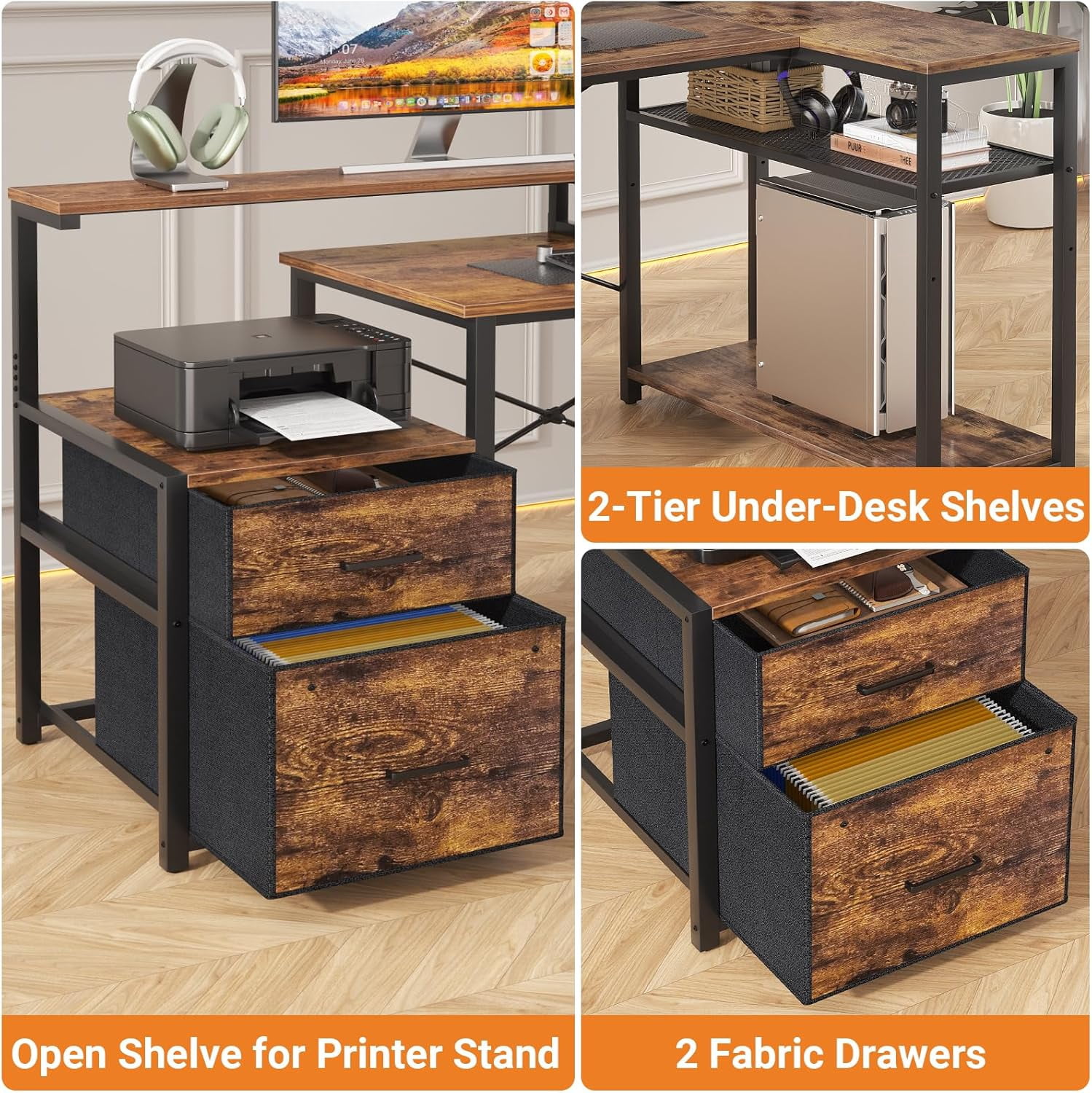 Homieasy L Shaped Desk with Drawer, Reversible L Shaped Gaming Desk with Power Outlet & LED Strip, Home Office Desk with Monitor Shelf, Corner Desk with Storage Shelves,Rustic Brown