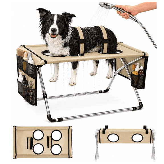 Pet Grooming Hammock with Stand, Dog Grooming Table for Senior Pet Bath | Ground Support Design, Heavy-Duty Aluminum Frame, Breathable Washable Mesh, Foldable Storage (Khaki)