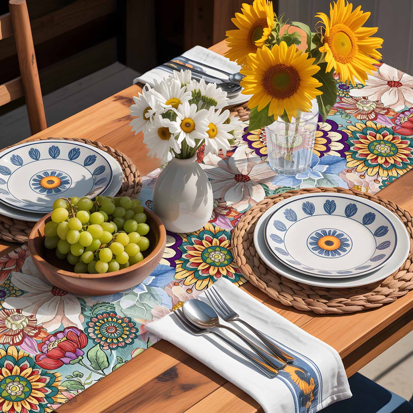 Vintage Bohemian Flowers Table Runner 90 Inches Long, Classic Farmhouse Floral Table Runners Tabletop Scarf Kitchen Dining Tables Decoration for Home Party Indoor Outdoor
