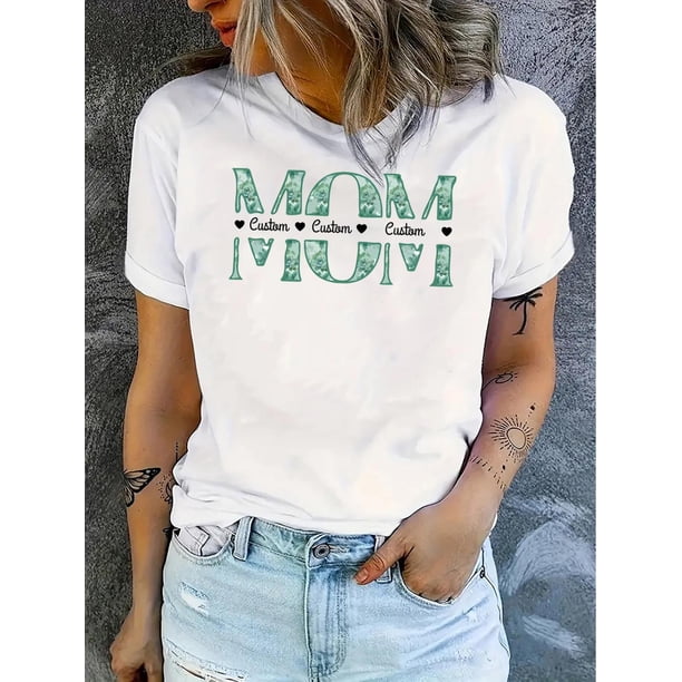 Women'S Casual Crew Neck Short Sleeve T-Shirt with Geometric Heart Mom Print, Knit Polyester Fabric, Medium Stretch, Simple Fashion Tee for All Seasons