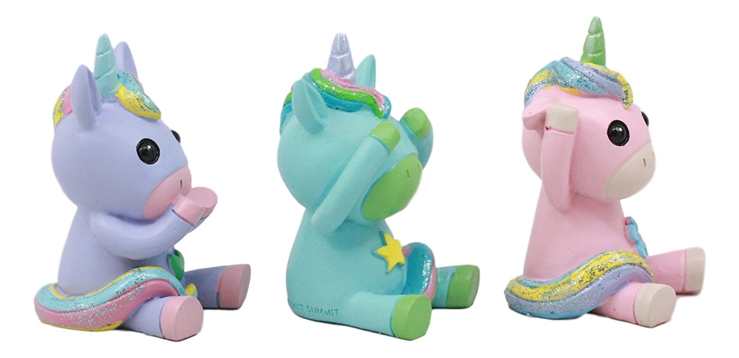 Ebros Whimsical See Hear Speak No Evil Rainbow Unicorn Figurine Set Of Three 2.75"Tall Enchanted Forest Glade Wise Unicorns Small Decorative Statues