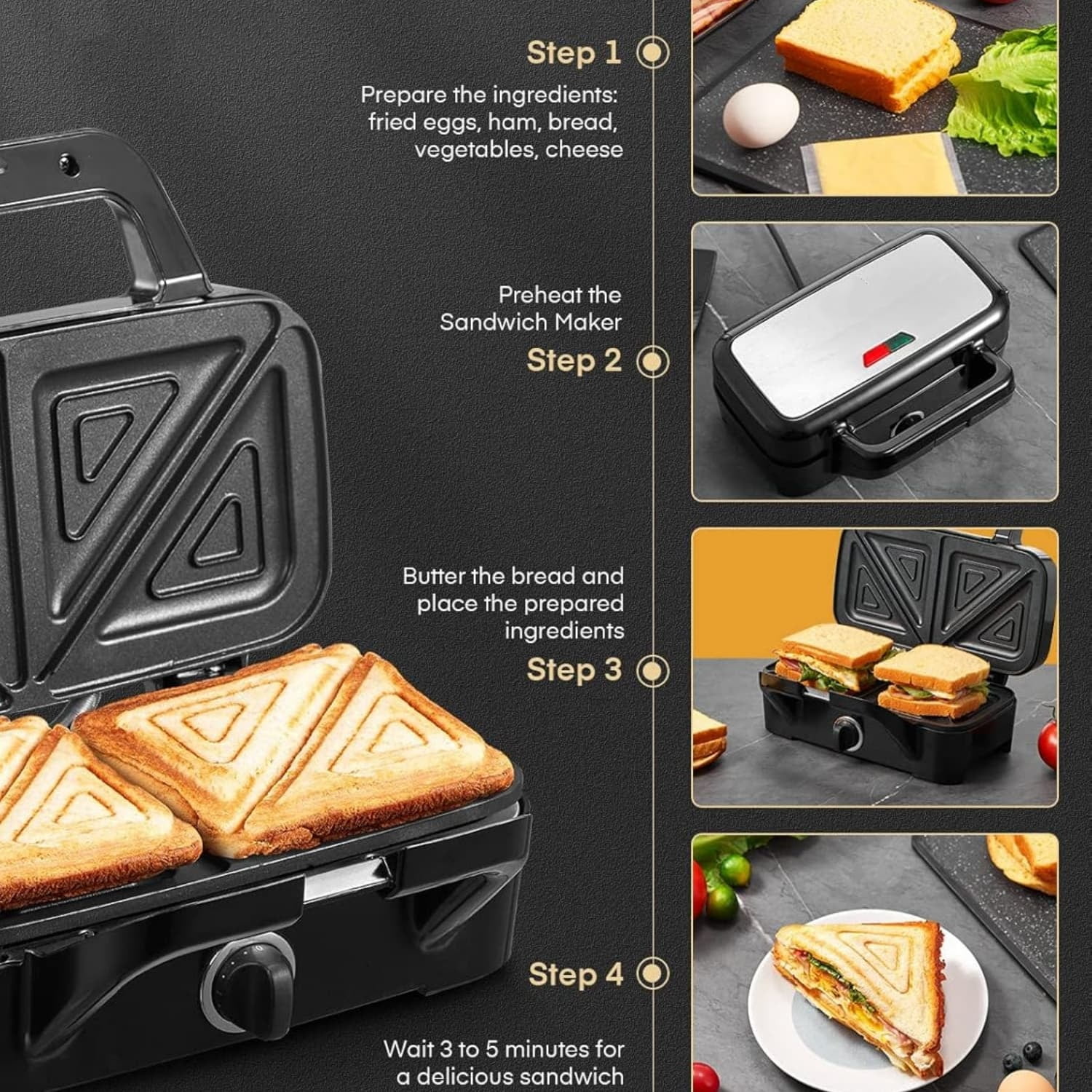 Sandwich Maker 3 In 1 Waffle Maker With Removable Plates,1200W Grilled Cheese Maker, 5-gear Temperature Control, Non-stick Coating Easy to Clean, Indicator Lights, Silver/Black