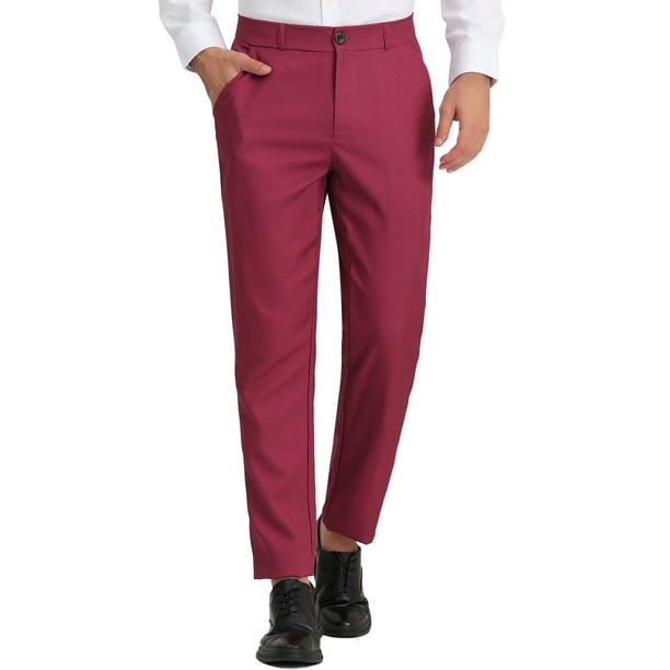 Pantalones de vestir planos elásticos de cintura con estampado a cuadros para hombres INSPIRE CHIC 38 Burdeos