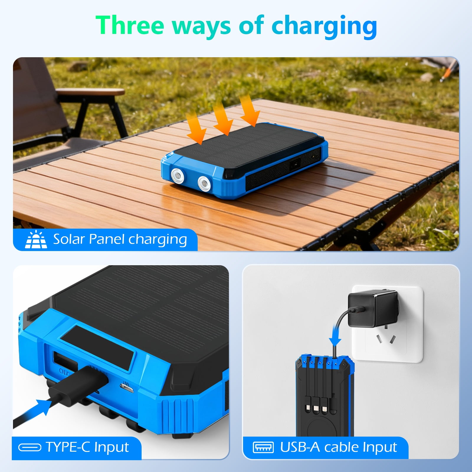 CATGOOD 20000mAh Solar Power Bank, 22.5W Fast Charging Portable Charger with 4 Built-in Cables & 10W Wireless Charging, Travel Battery Pack with Camping Flashlight(Blue)
