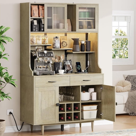 Virans 71" Kitchen Pantry Cabinet with LED light & Charging Station,Storage Cabinets with 2 Drawer, 3 Adjustable Shelves, Wine Rack for Dining Room, Natural