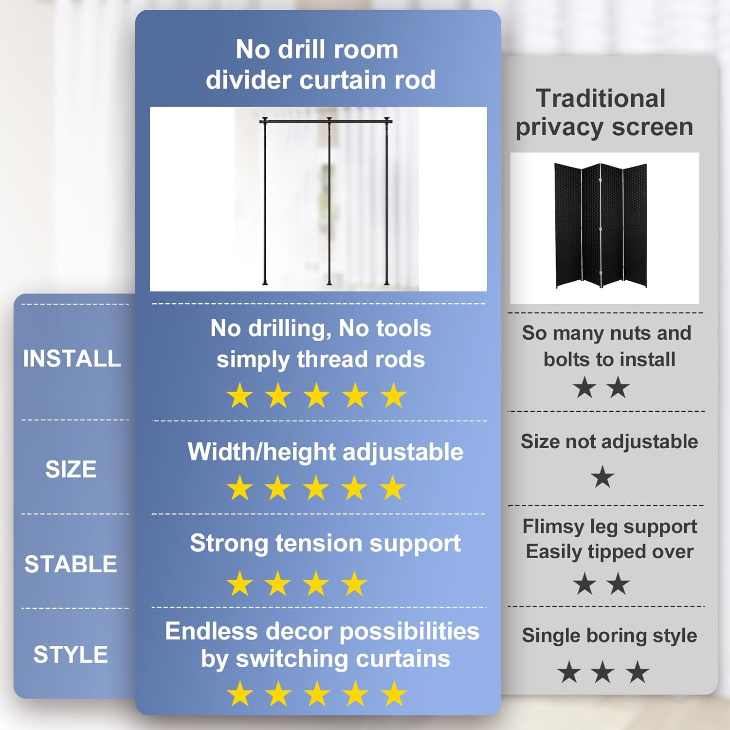 OLIYNEDY Room Divider No Drilling Curtain Rod for Room Separation, 4-10ft (H) 28-114inch(W) Adjustable Heavy Duty Floor to Ceiling Wall Divider Hanging Room Divider, Matte Black