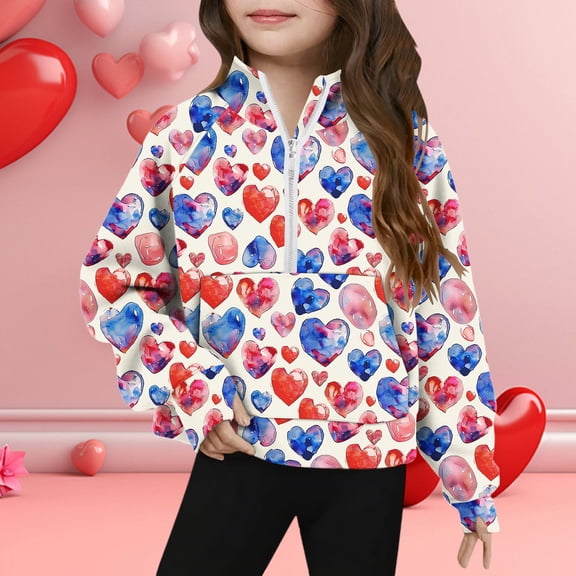 Girls' Quarter Zip Pullover Sweatshirt with Cute Watercolor Heart Print, Soft Stretchy & Pocket for School Playdate,Size 9 T
