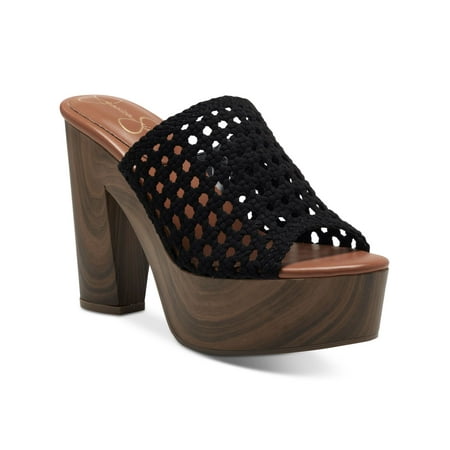 JESSICA SIMPSON Womens Black 1-1/2" Platform Woven Goring Shelbie Round Toe Block Heel Slip On Heeled Sandal 7.5 M