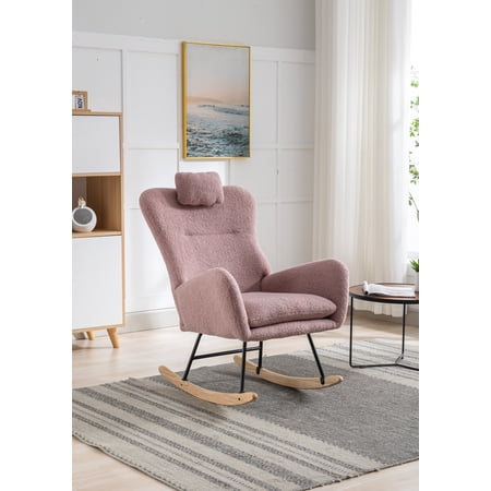 SogesPower 35.5in Rocking Chair, Soft Teddy Velvet Fabric Rocking Chair for Nursery, Comfy Wingback Glider Rocker with Safe Solid Wood Base- Pink