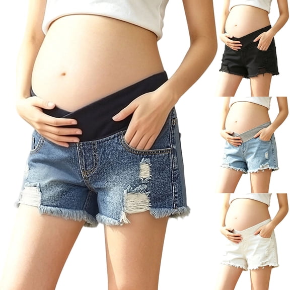 Naittoop Maternity Denim Shorts, Low Rise V-Shape Stretchy Waistband, Roll Hem Distressed Ripped Regular Fit for Pregnancy