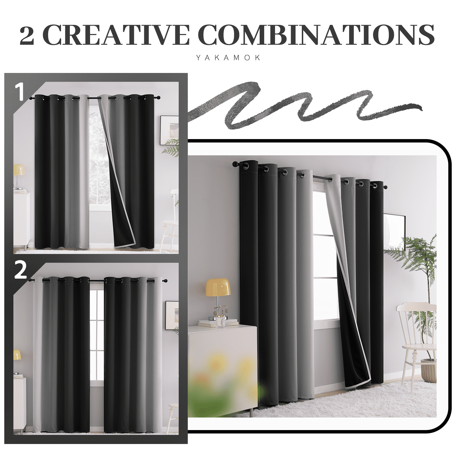 Yakamok Black Ombre Floral Grommet Blackout Curtain Sets, 52 x 63 in (2 Panels)