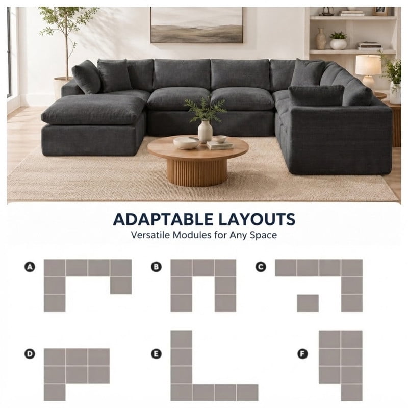 Oversized U-Shaped Sectional Sofa with Ottoman, 7-Seater Modular Chenille Cloud Couch, Deep Seat Frameless Sofa for Living Room, Apartment, Office