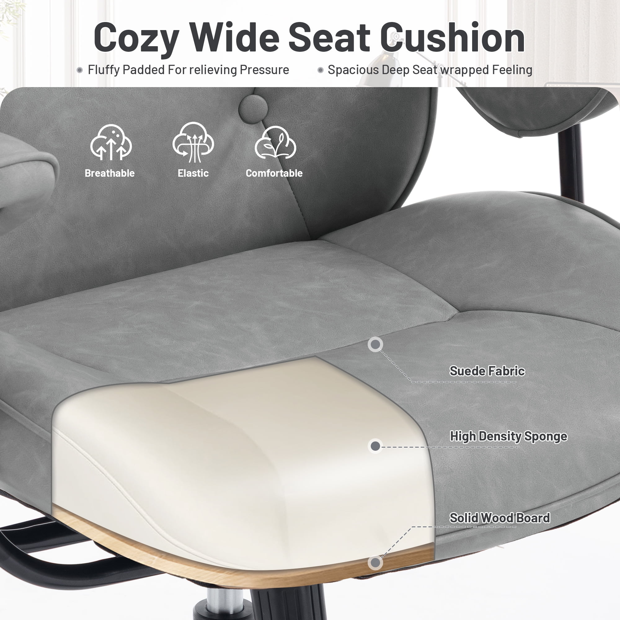 Mid Century Modern Office Desk Chair with Wheels and Arms, Mid Back Ergonomic Office Chair with Lumbar Support, Swivel Leather Computer Desk Chair for All Day Comfort