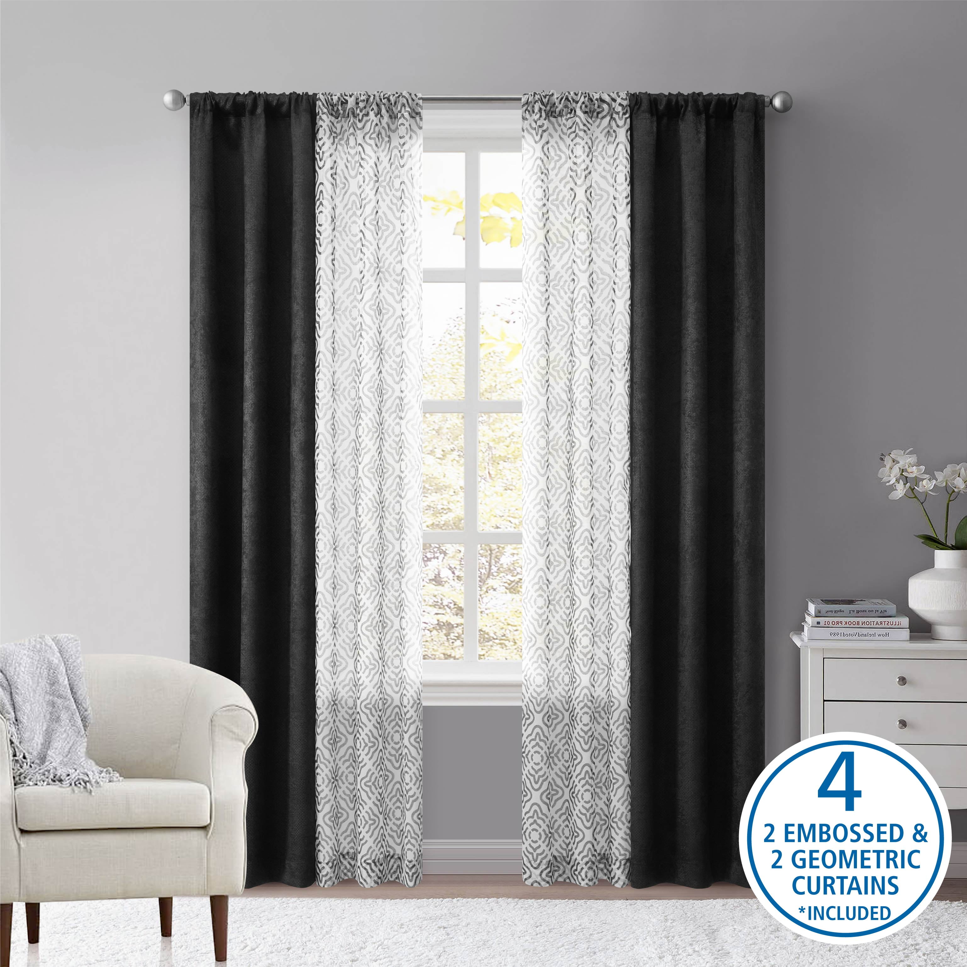 (2 pack) Mainstays Metallic Blackout Curtains and Sheers Set, 4 Panels, Black, 27.5" W x 84” L