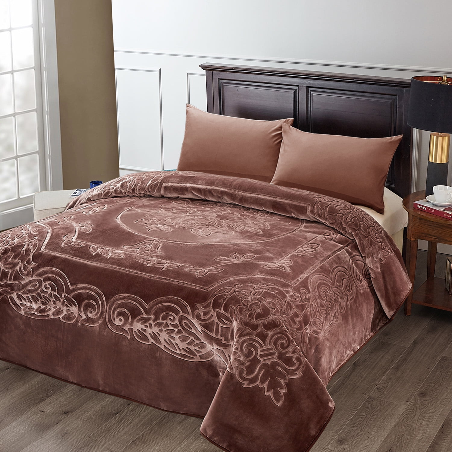 JML Luxury Plush Cameo Brown Fleece Blanket,Premium Embossed Floral Bed