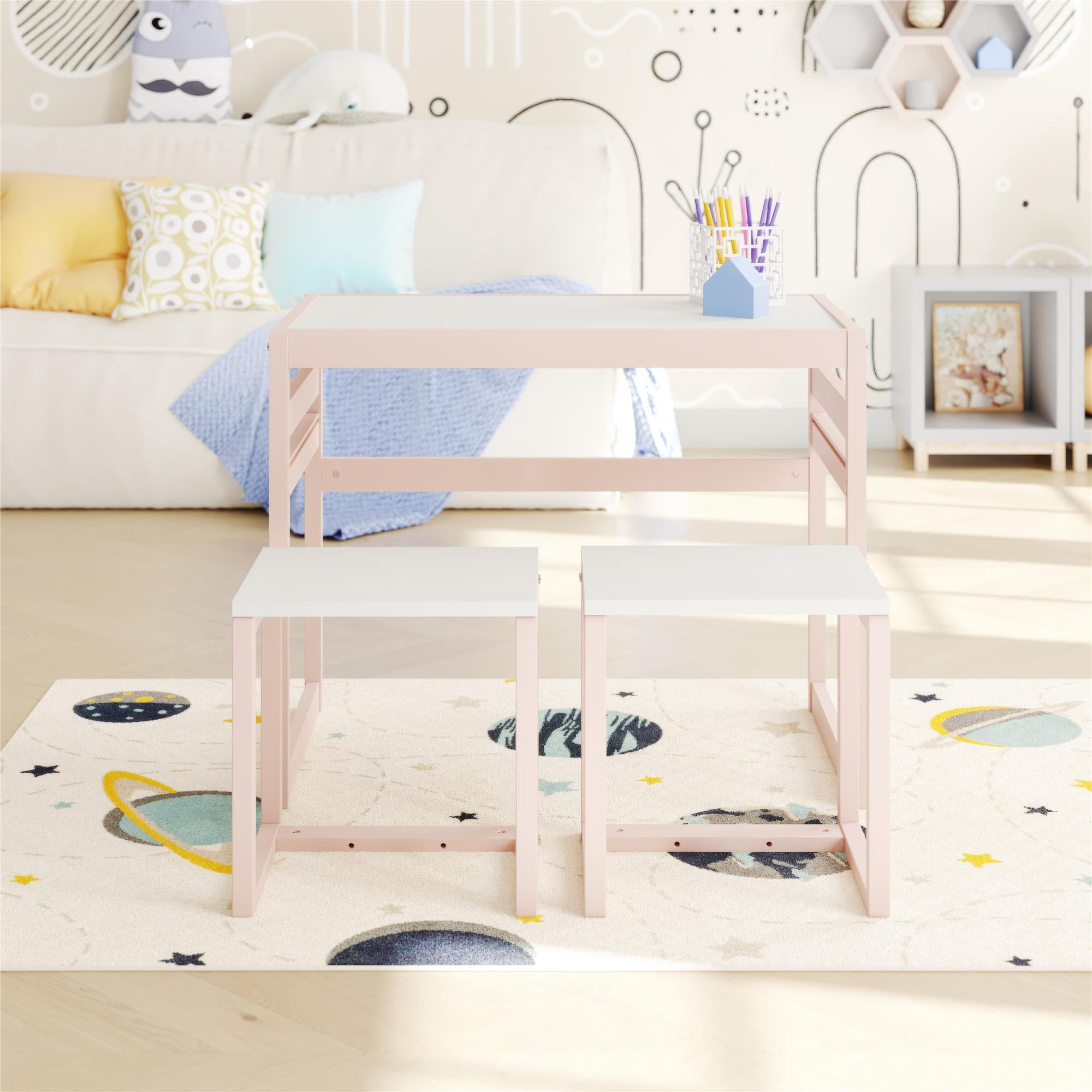 Max & Finn Signy Kids Table and 2 Chairs Set with Adjustable Heights, Pink/White