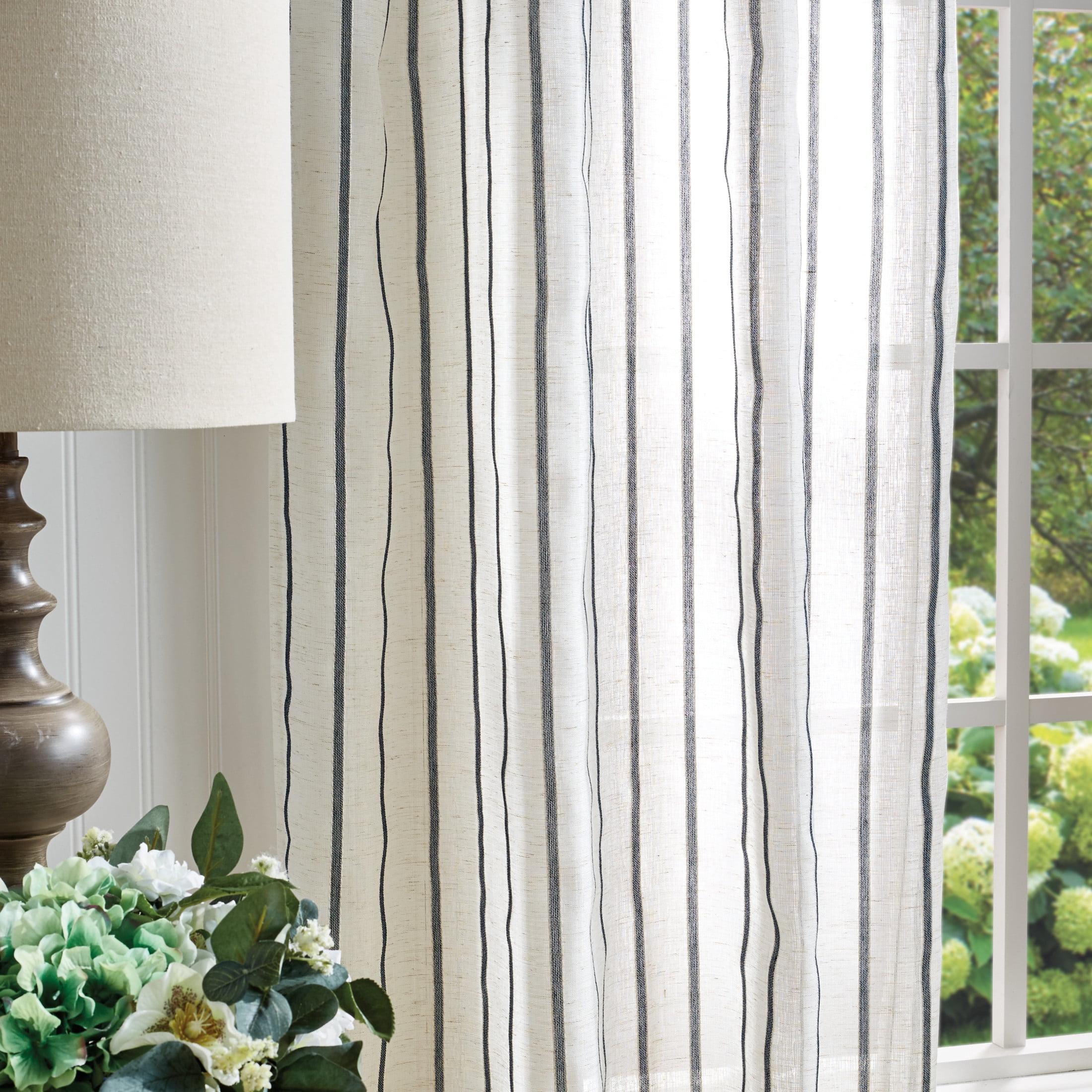 Martha Stewart Laguna Stripe Curtain Panel Pair, Navy, Tie Tab, Semi Sheer, Indoor, Adult, 2 Piece Set, 37"x 95"