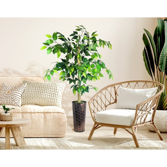 LCG Florals Artificial Tree, Ficus Tree, 5 ft, Patterned Copper Pot