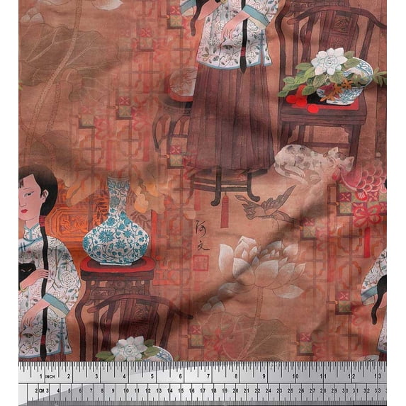 Soimoi Rayon Fabric Flower Vase,Cat & Girl Human Figure Print Fabric by The Yard 42 Inch Wide