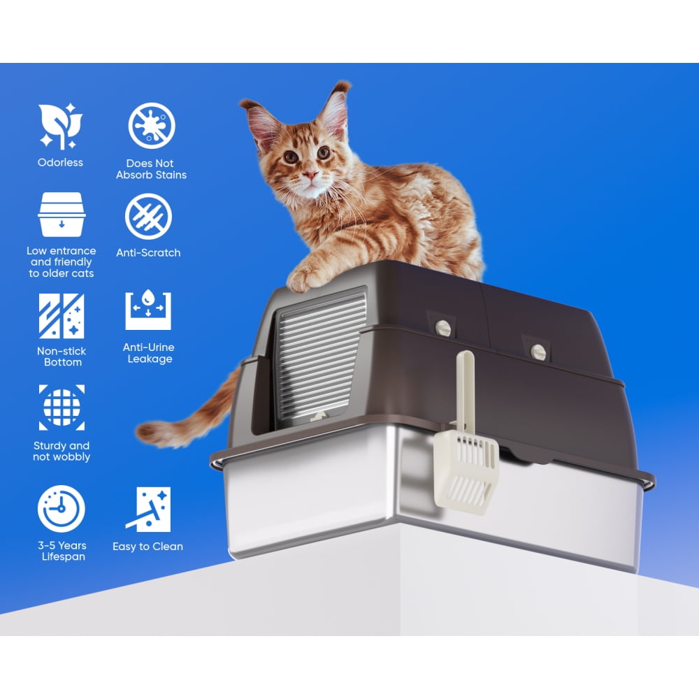 DVPETS 18" Stainless Steel Cat Litter Box with Flip-Top Lid Odor-Free Anti-Leak for Big Cats