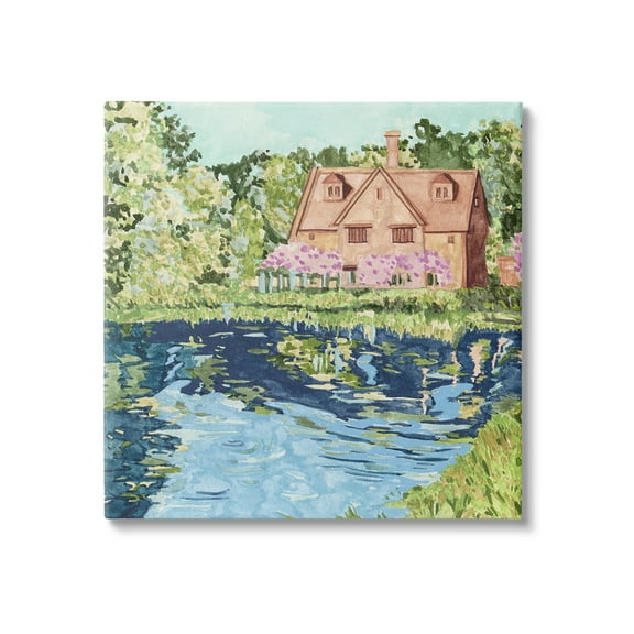 Stupell Industries Country Cottage & Pond Landscape Painting Gallery Wrapped Canvas Art Print Wall Art, 17 x 17