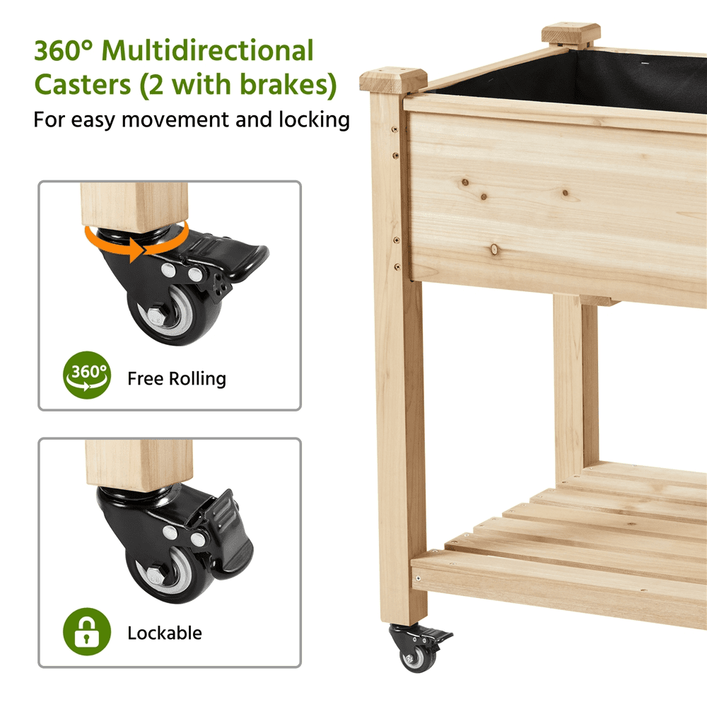 Renwick Fir Wood Planting Bed with Shelf & Wheels, Wood