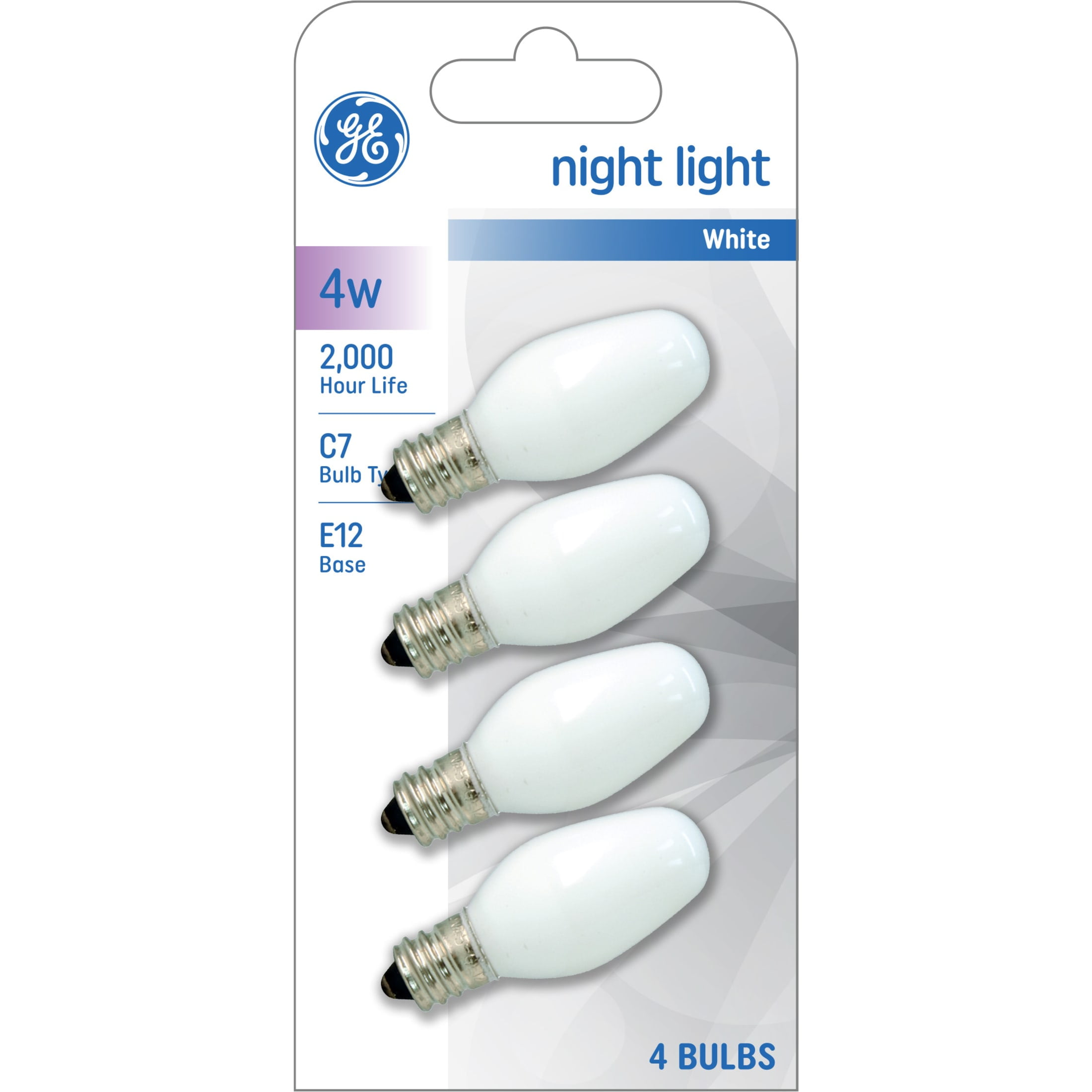 GE Incandescent Night Light Bulbs, 4 Watts, C7 Bulbs, Small Base, Frosted Finish, 4-Pack