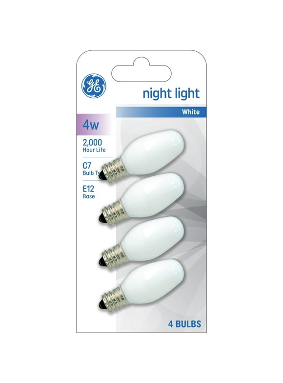 GE Incandescent Night Light Bulbs, 4 Watts, C7 Bulbs, Small Base, Frosted Finish, 4pk