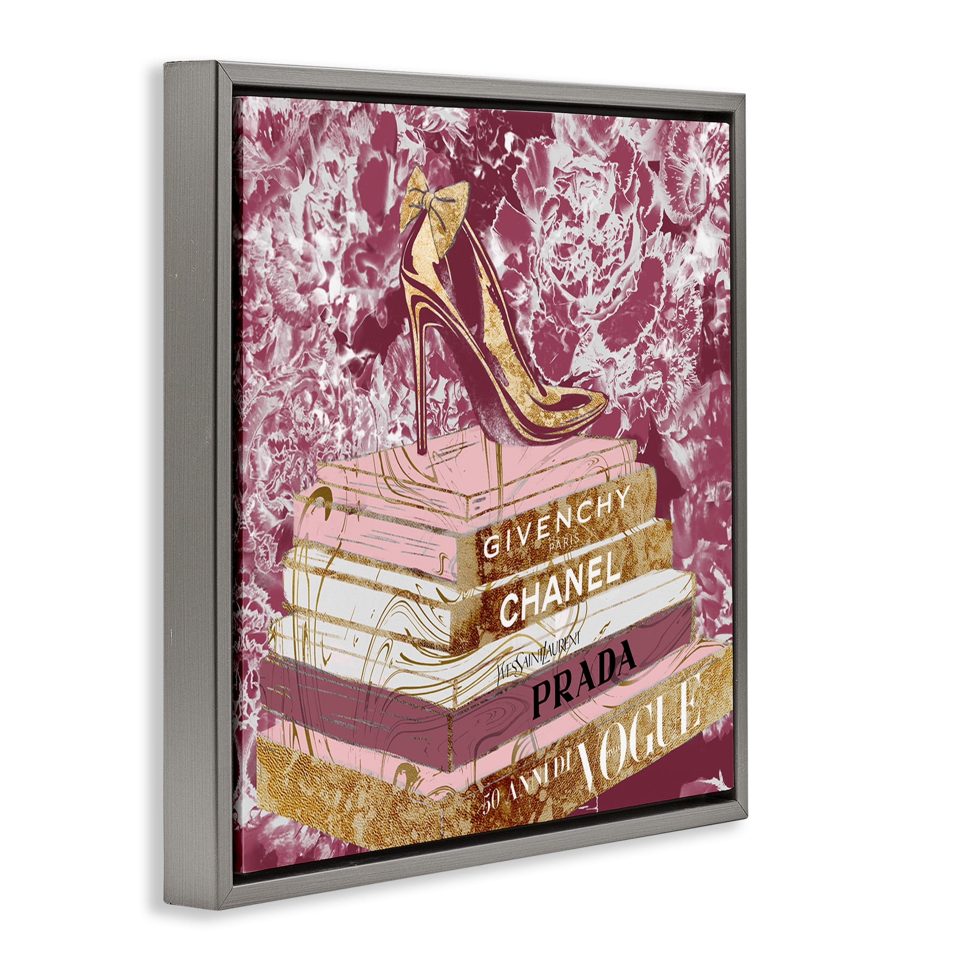 Stupell Industries Pink Glitz Heel on Bookstack Beauty & Fashion Painting Gray Floater Framed Canvas Art Print Wall Art, 25 x 25