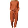 thumbnail image 2 of Conjunto de pantalones largos para mujer Color puro Cuello redondo Manga larga Cintura elástica Conjunto de dos piezas Naranja XL, 2 of 6