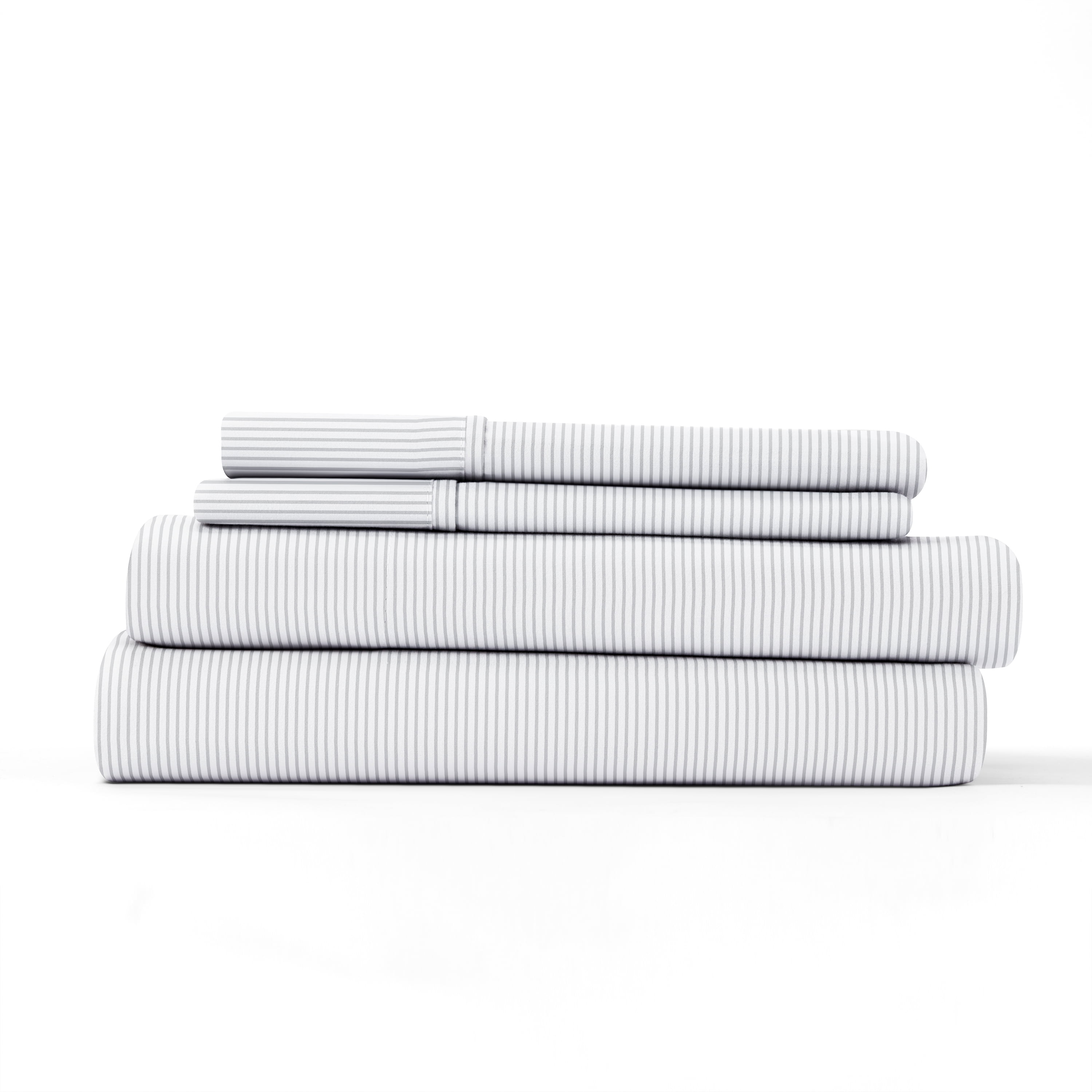 Noble Linens 4 Piece Pattern Microfiber Bed Sheets Set, Light Gray Pinstriped, Queen