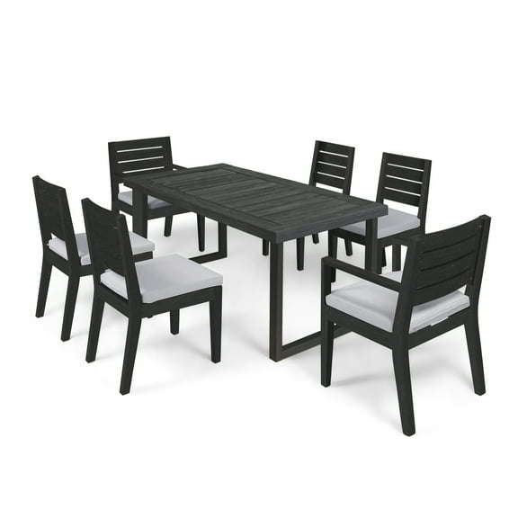 GDF Studio Agnew Outdoor Acacia Wood 7 Piece Dining Set with Cushion, Sandblasted Dark Gray and Light Gray