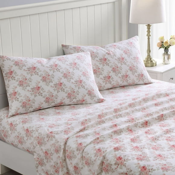 Juego de sábanas Laura Ashley Lisalee Pink Queen, 100% franela de algodón