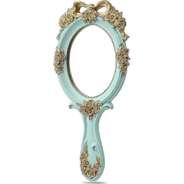 Makeup Hand Mirror Vintage Travel Hand Held Mirror, Blue Rose Cosmetic Mirror With Handle For Girls Resin Material Round Handheld Mirror