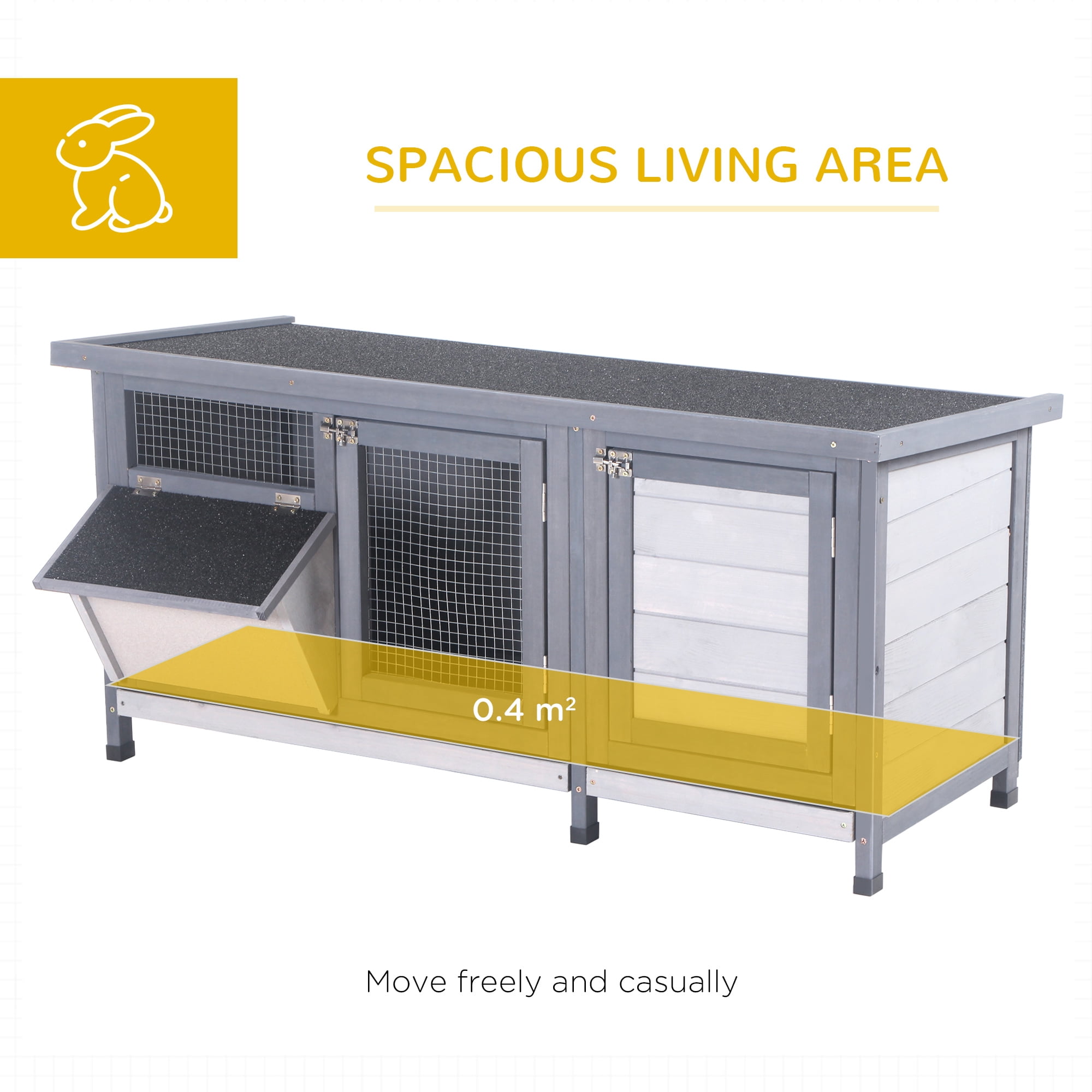 Pet Playpen PawHut Wooden Rabbit Hutch Bunny Hutch Cage Guinea Pig with Waterproof Roof, No Leak Tray and Feeding Trough, Indoor/Outdoor, Gray,Guinea Pig Cage