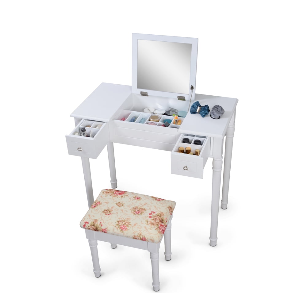 Organizedlife Vanity Dressing Table With Stool Mirror Jewelry Cabinet For And Makeup White