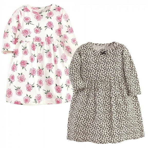 Little Treasure Baby and Toddler Girl Cotton Long-Sleeve Dresses 2pk, Leopard Rose, 0-3 Months