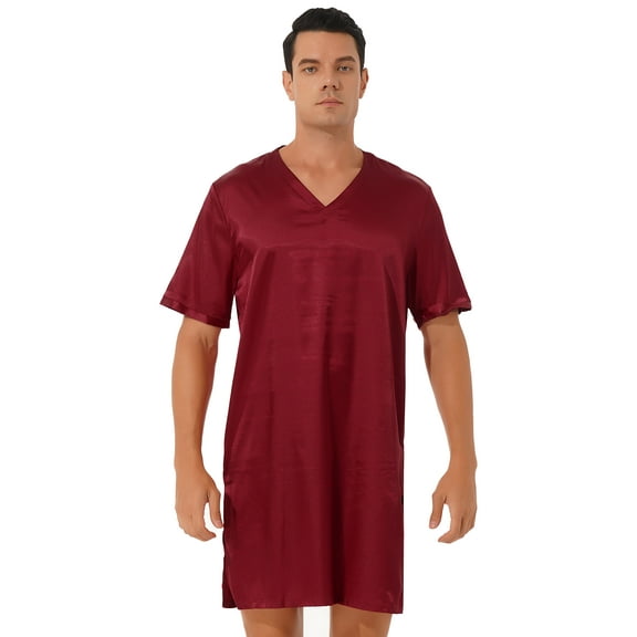 Sholeno Mens Satin Night Shirt V Neck Short Sleeve Sleep Shirt Loose Comfy Nightgown Burgundy M
