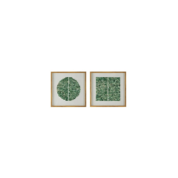 Shadow Boxes Set of 2 - Green Ivory Stone Wall Decor - Wood Frame Velvet Backing - Elegant Home Accent